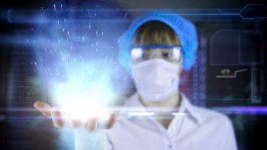 Doktor fütüristik hud ekran tablet ile. Sperm, yumurta hücresine spermatozoons ovule. Geleceğin sağlık kavramı