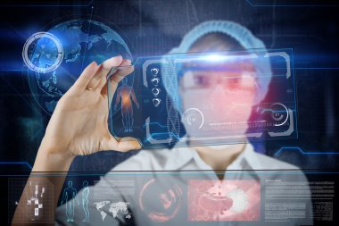 Female Doctor with futuristic hud screen tablet. Medical concept of the future