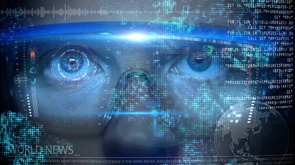 Monitor Futuristik pada wajah dengan kode dan hologram informasi. Animasi Eye hud. Konsep masa depan — Stok Foto