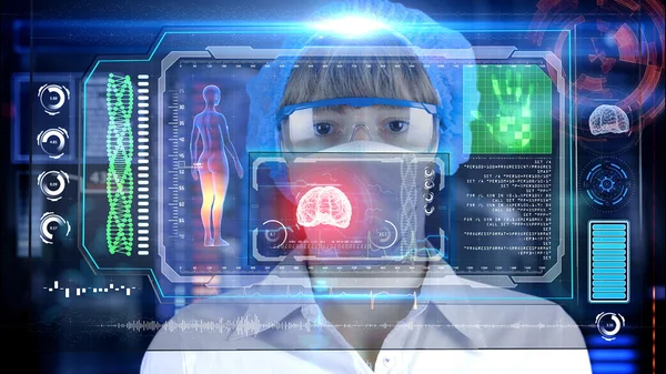 Dottore con futuristico tablet schermo hud. Radiografia del cervello umano. Concetto medico del futuro — Foto Stock