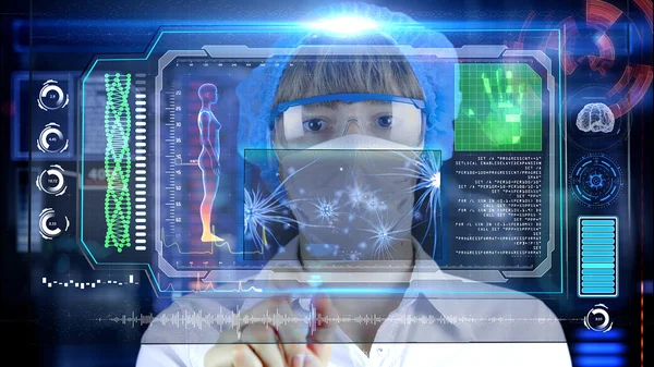 Doktor fütüristik hud ekran tablet ile. Sinir hücreleri, beyin darbeleri. Geleceğin sağlık kavramı