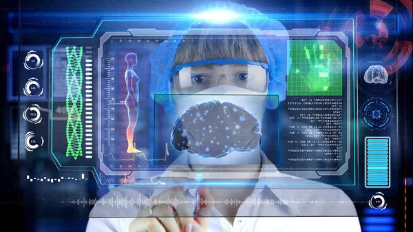 Dottore con futuristico tablet schermo hud. Neuroni, impulsi cerebrali. Concetto medico del futuro — Foto Stock