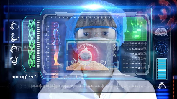 Medico donna con futuristico tablet schermo hud. Spermatozoi, spermatozoi ovuli a ovociti. Concetto medico del futuro — Foto Stock