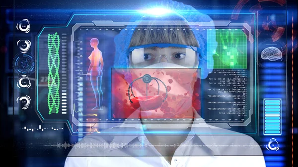 Dottore con futuristico tablet schermo hud. Globuli rossi e nano robot. Concetto medico del futuro — Foto Stock