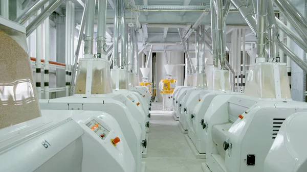 Máquinas eléctricas para a produção de farinha de trigo. Equipamento de grãos. Grão. Agricultura. Indústria — Fotografia de Stock