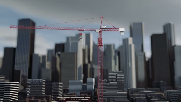 Construction grue animation, arrière-plan de la ville, vue paysage gratte-ciel. Construction métallique — Video