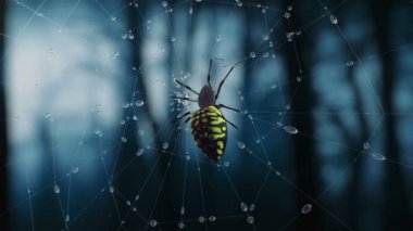 gece misticaly ormandaki Web'de zehirli örümcek.