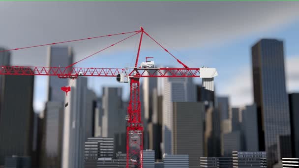 Gebouw kraanauto stad achtergrond, animatie, wolkenkrabber landschapsmening. Metalen constructie — Stockvideo