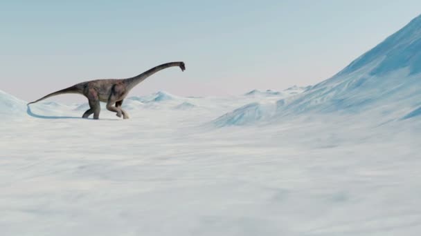 Dinosaurus. Prehistorische sneeuwlandschap, ijs vallei met dinosaurussen. Arctische weergave — Stockvideo