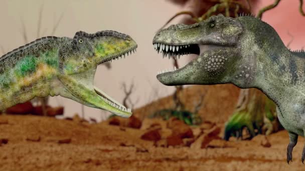 恐竜。先史時代のジャングル、風景、恐竜が付いている谷。現実的なアニメーションやモーション — ストック動画