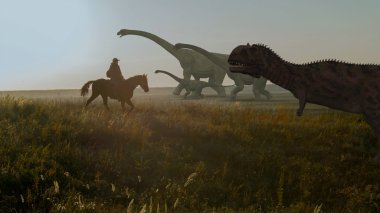 İnsanlar ve dinozorlar. Gerçekçi animasyon. Manzaralı. 