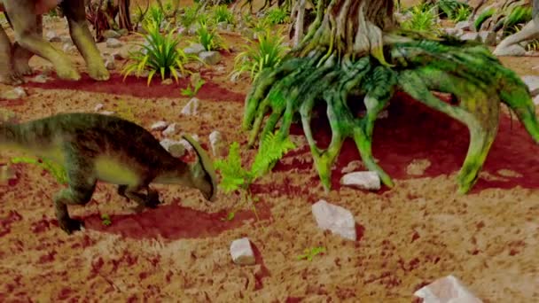 Dinosaurio. Selva prehistórica, paisaje, valle con dinosaurios. animación realista y movimiento — Vídeos de Stock