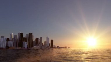Körfezde kenti. Güzel gün batımı. Gerçekçi su animasyon