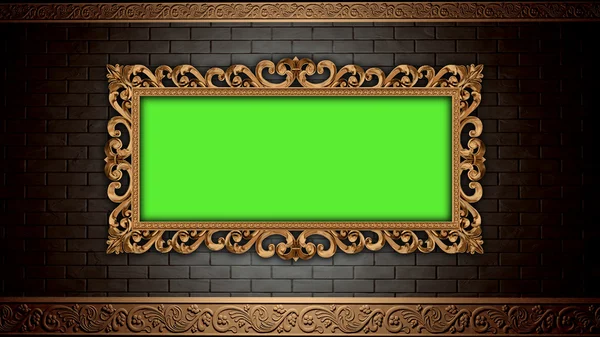 Golden vintage frame on brick wall.  Design retro element. Green screen — Stock Photo, Image