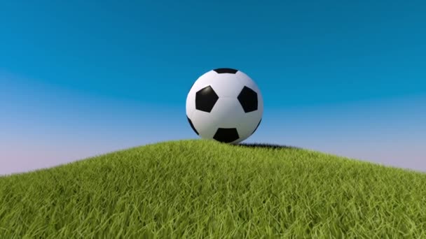 Футбольный мяч на травянистом холме. 3d анимация. Футбольная анимация — стоковое видео