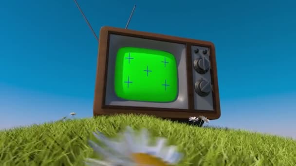 Oude retro tv op een met gras begroeide heuvel. 3D animatie. Bijhouden van uw inhoud — Stockvideo