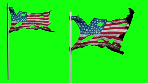 Αποκαλυπτικό ragged σημαία της Αμερικής. Realistyc 3d animation στον άνεμο. πράσινη οθόνη — Αρχείο Βίντεο