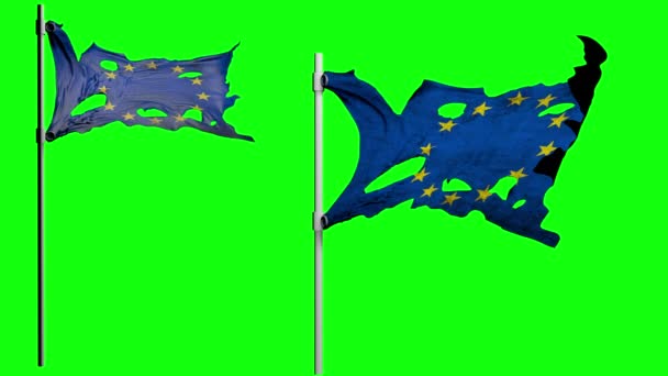 Apocalyptic ragged flag of Europe. Realistyc 3d animation on wind. green screen — Stock Video