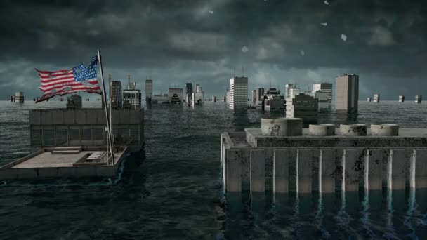 Апокалиптический вид на воду. Городское наводнение, флаг США. Шторм. 3D рендеринг — стоковое видео