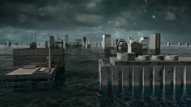 Apocalyptic water view. urban flood. Storm. 3d animation — Stock Video