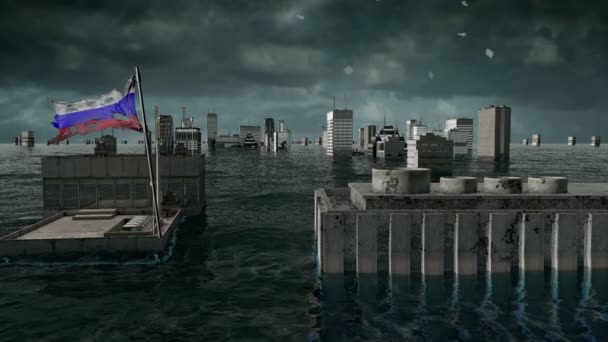 Apocalyptische water weergave. stedelijke vloed, Russische vlag. Storm. 3D render — Stockvideo