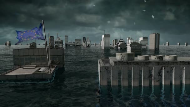 Apocalyptische water weergave. stedelijke vloed, Europa flag. Storm. 3D render — Stockvideo