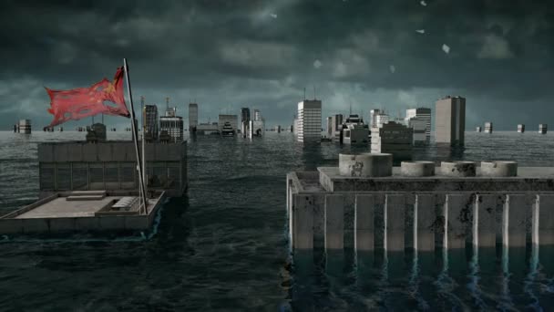 Vue sur l'eau apocalyptique. inondation urbaine, drapeau de Chine. Tempête. 3d rendu — Video