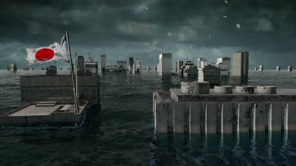 Vista apocalíptica da água. cheia urbana, bandeira do Japão. Tempestade. Renderização 3d — Vídeo de Stock