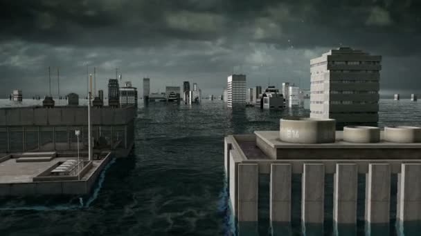 Vedere apocaliptică la apă. inundaţii urbane. Furtună. 3d animație — Videoclip de stoc