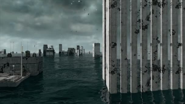 Апокалиптический вид на воду. Городское наводнение. Шторм. 3d анимация — стоковое видео