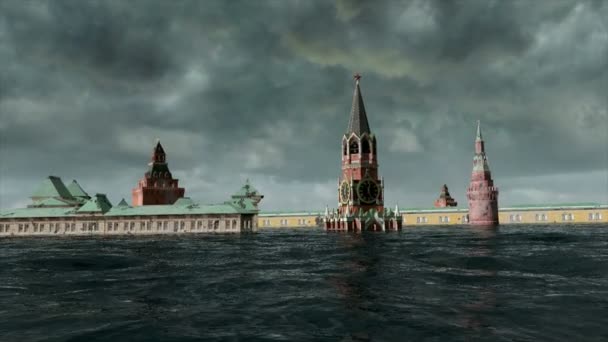 Апокаліптичний водну гладь. міських повені, російський Червоної площі. Шторм. 3D візуалізації — стокове відео