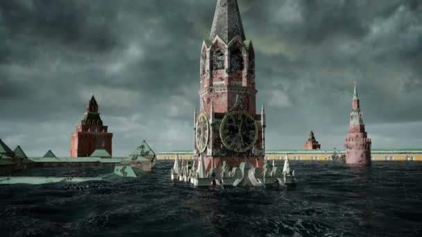Vue sur l'eau apocalyptique. inondation urbaine, place rouge russe. Tempête. 3d rendu — Video