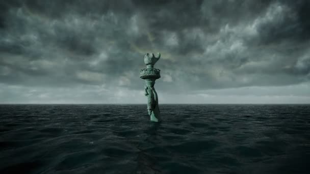 Apocalyptische water weergave. Oude Vrijheidsbeeld in Storm. 3D animatie — Stockvideo