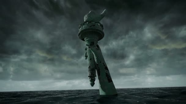 Vue sur l'eau apocalyptique. Ancienne statue de la liberté dans Tempête. Animation 3D — Video