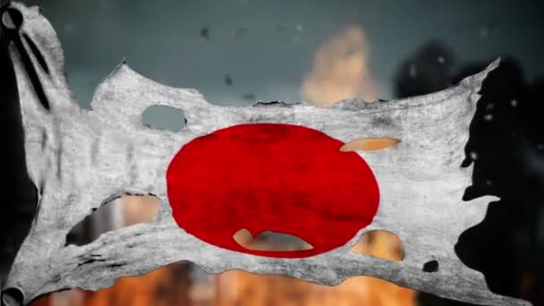 Apocalyptic ragged flag of Japan. Realistyc 3d animation on wind. — Stock Video