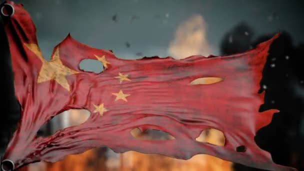 Apocalíptica bandera andrajosa de China. Animación 3D realista en el viento — Vídeo de stock