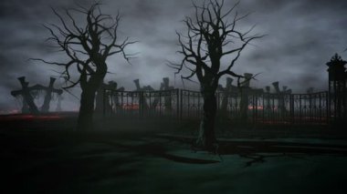 Korku gecesi mezarlığı, mezar. Ay ışığı. Cadılar Bayramı kavramı. 3D animasyon