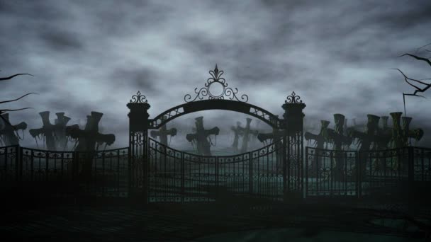 Ночное кладбище ужасов, могила. Лунный свет. Хэллоуин. 3d анимация — стоковое видео