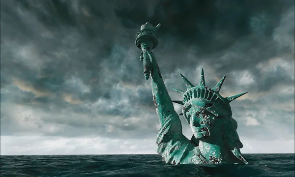 Vista apocalíptica del agua. Antigua Estatua de la Libertad en Tormenta. 3d renderizar — Foto de Stock