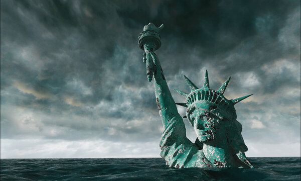 Апокалиптический вид на воду. Старая статуя свободы в Шторме. 3D рендеринг
