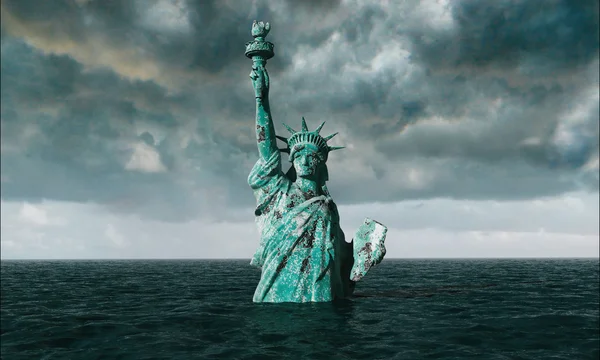 Vista apocalíptica del agua. Antigua Estatua de la Libertad en Tormenta. 3d renderizar — Foto de Stock