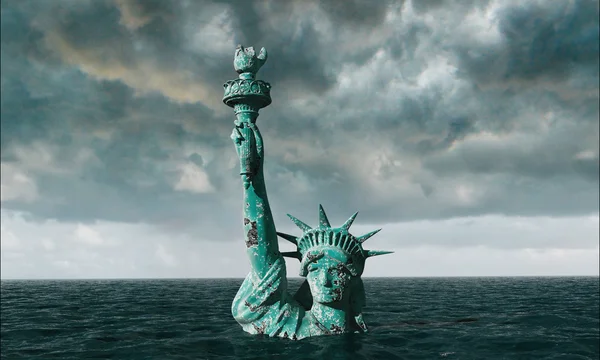 Vista apocalíptica del agua. Antigua Estatua de la Libertad en Tormenta. 3d renderizar — Foto de Stock