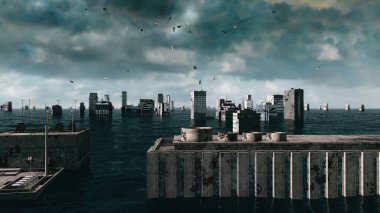 Kıyamet su görünümü. kentsel sel. Fırtına. 3D render
