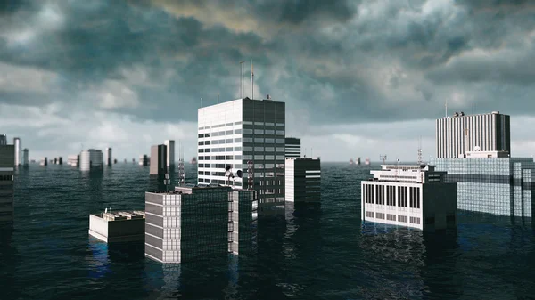 Apokalyptischer Wasserblick. Überschwemmungen in Städten. Sturm. 3D-Darstellung — Stockfoto