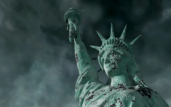Vista apocalíptica. Antigua Estatua de la Libertad en Tormenta. 3d renderizar — Foto de Stock