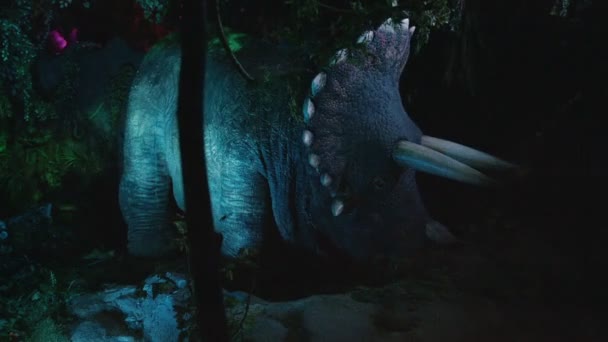 Triceratops en selva prehistórica, bosque nocturno — Vídeos de Stock