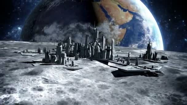 Cidade futurista, cidade na lua. Animação realista. A vista espacial do planeta Terra. mosca zoom — Vídeo de Stock