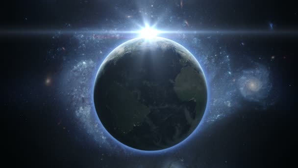 Wschód słońca nad Ziemia widziana z kosmosu. Z gwiazd tła. realistyczna animacja 3D — Wideo stockowe