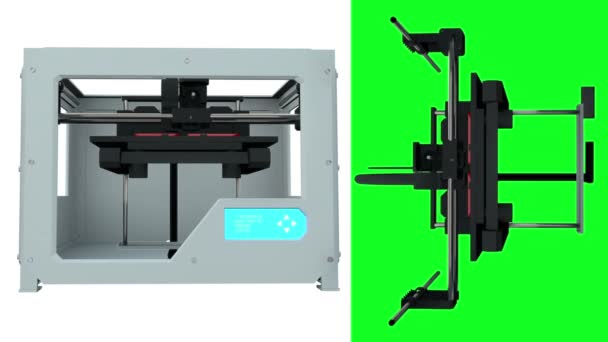 2 video en 1. Dispositivo de impresión 3D que crea un modelo. Todo el proceso se acelera. animación pantalla verde — Vídeo de stock