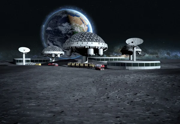 Ciudad futurista, base, ciudad en luna. La vista espacial del planeta Tierra. expedición. renderizado 3d —  Fotos de Stock